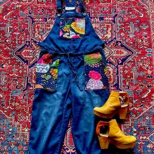 Mountain Girl Clothing handmade denim overalls with Kantha detail!